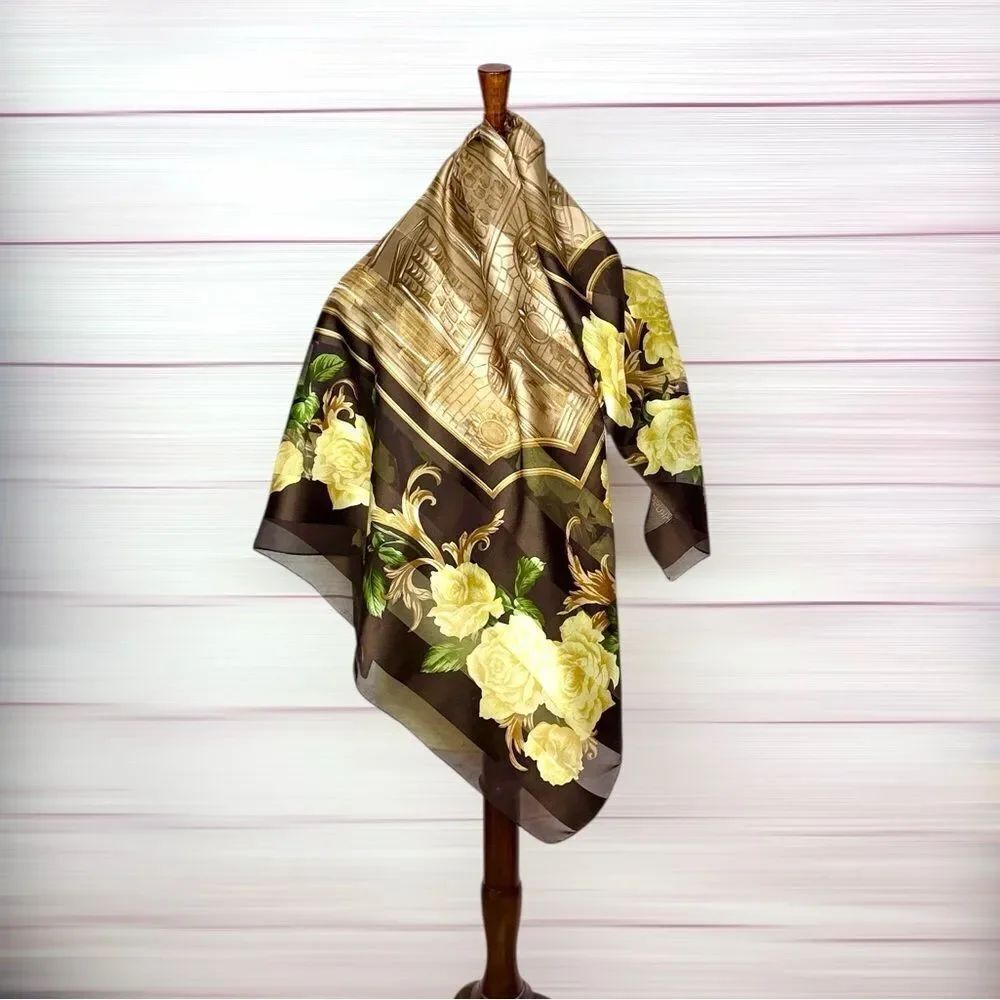 Kkusebo Large square Scarf Brown with Golden Yellow Flowers 41x41"